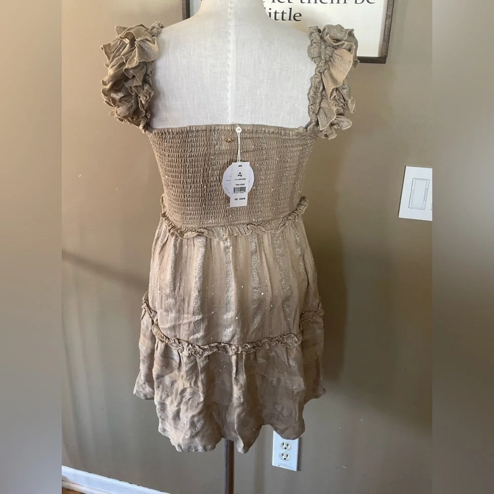 PQ Carrie dress sequence Ruffled Tan Smocked Dress NWT size XS/S anthropology